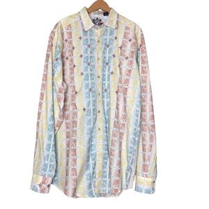 Robert Graham Button Up Shirt Paisley Embroidered Yellow Blue Plaid Men’s 2XLT